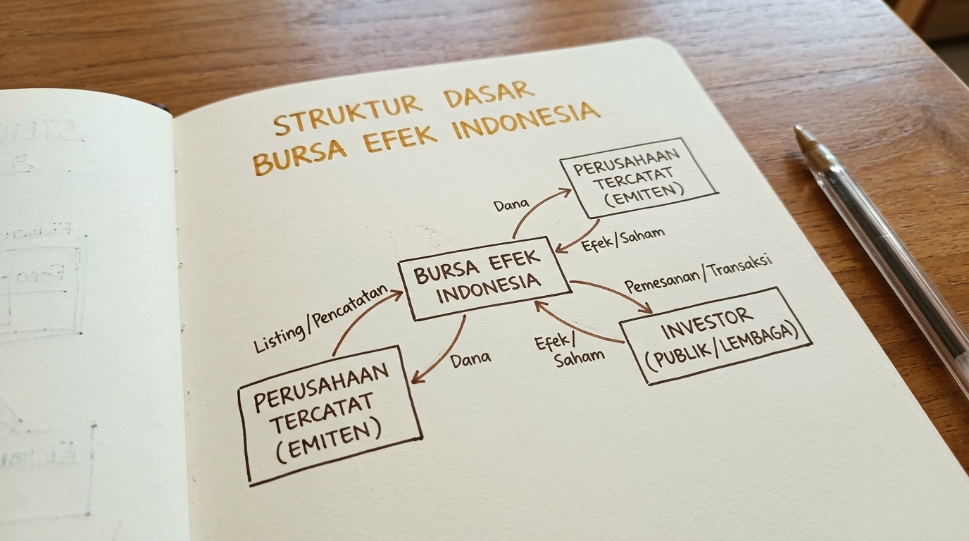 Catatan tangan tentang struktur Bursa Efek Indonesia di atas meja kayu