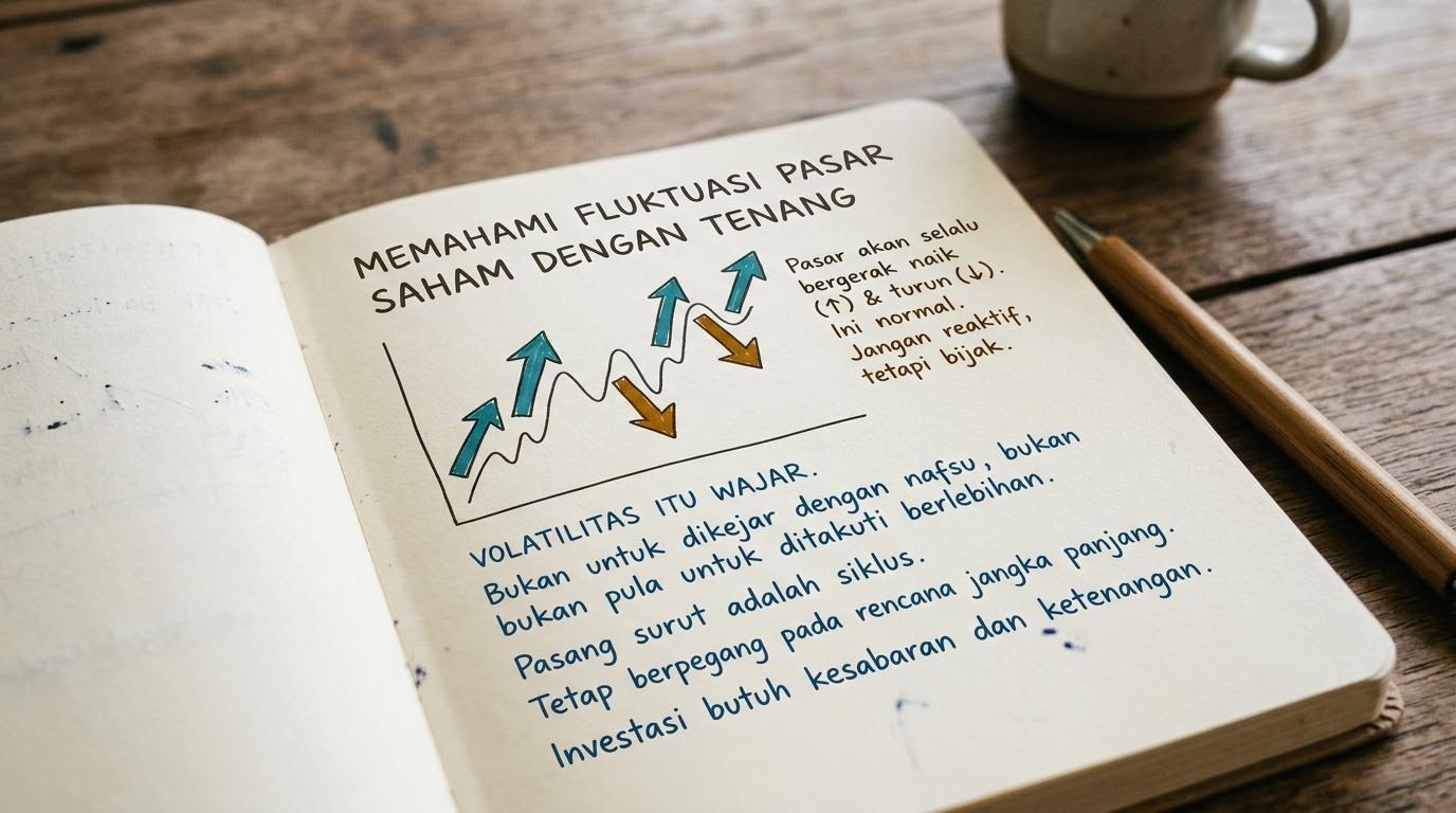 Catatan refleksi tentang fluktuasi pasar saham dengan panah naik dan turun
