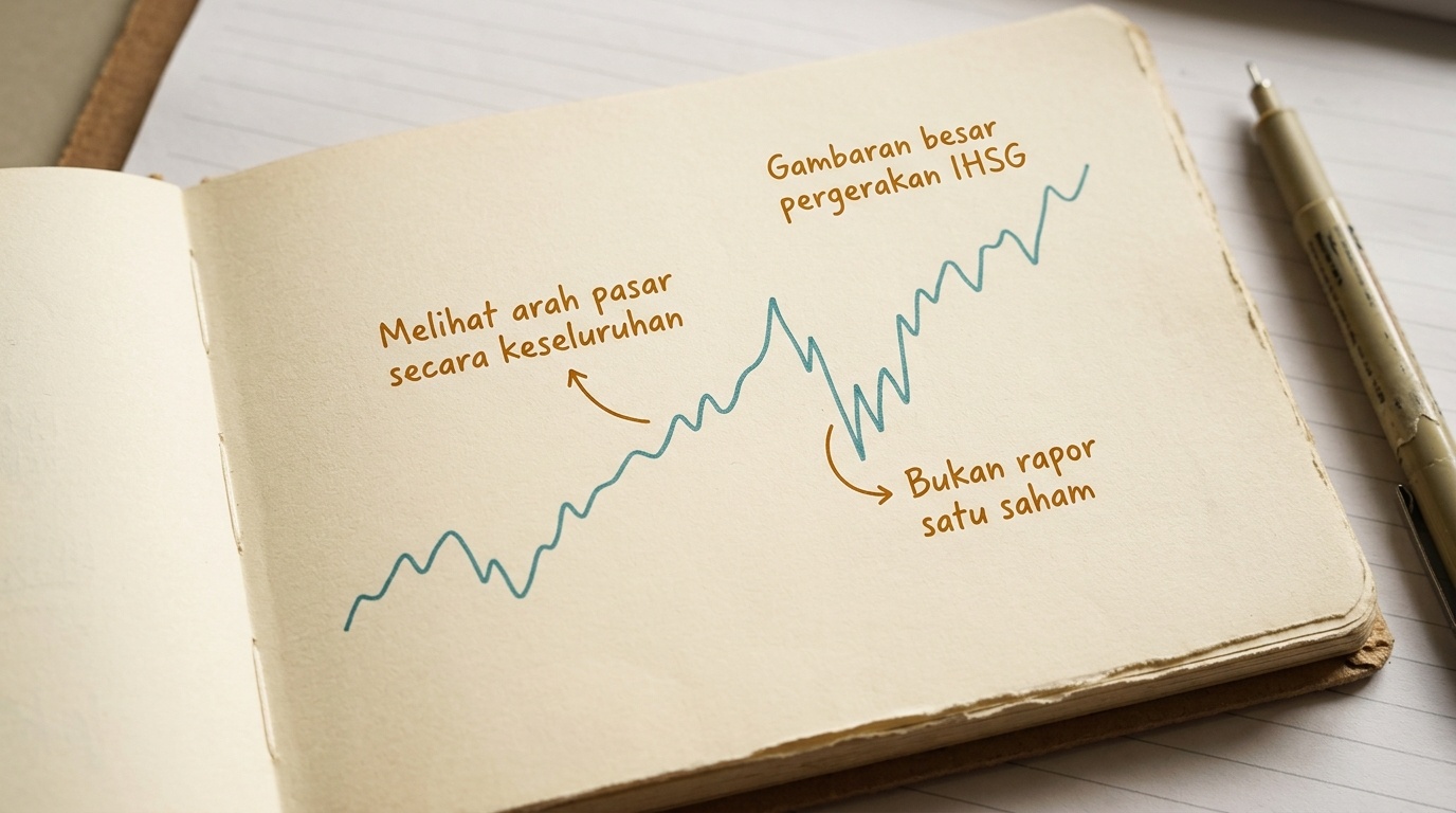 Grafik garis IHSG sederhana yang digambar tangan di buku catatan