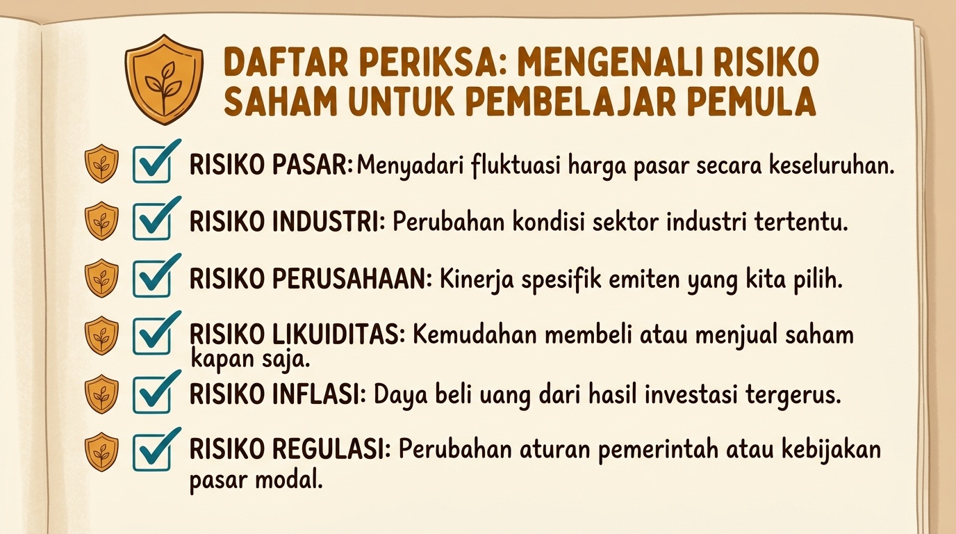 Catatan daftar periksa risiko saham dengan ikon perisai sebagai pengingat